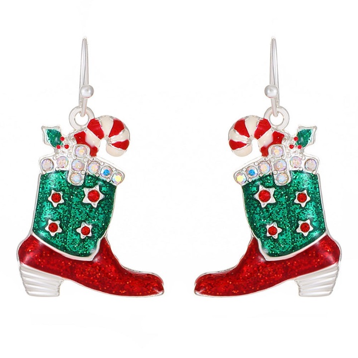 Cercei de Craciun, cizme decorate cu stelute, cristale, acadele si email Argintiu