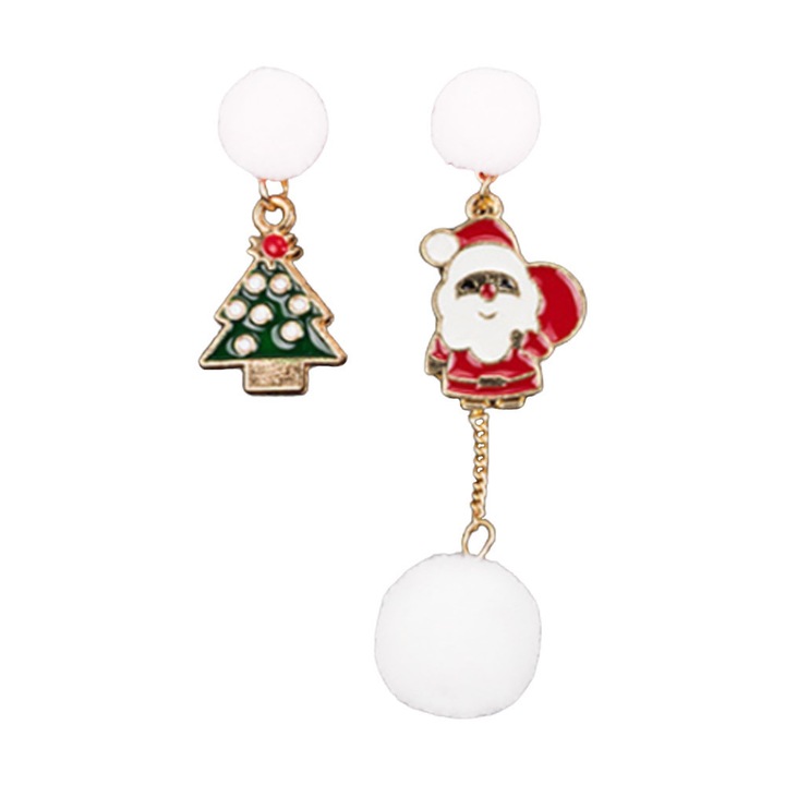 Cercei de Craciun asimetrici, Mos Craciun, bradut si pompom Auriu