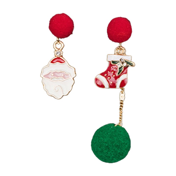 Cercei de Craciun asimetrici, Mos Craciun, cizmulita, lantisor cu pompom Auriu