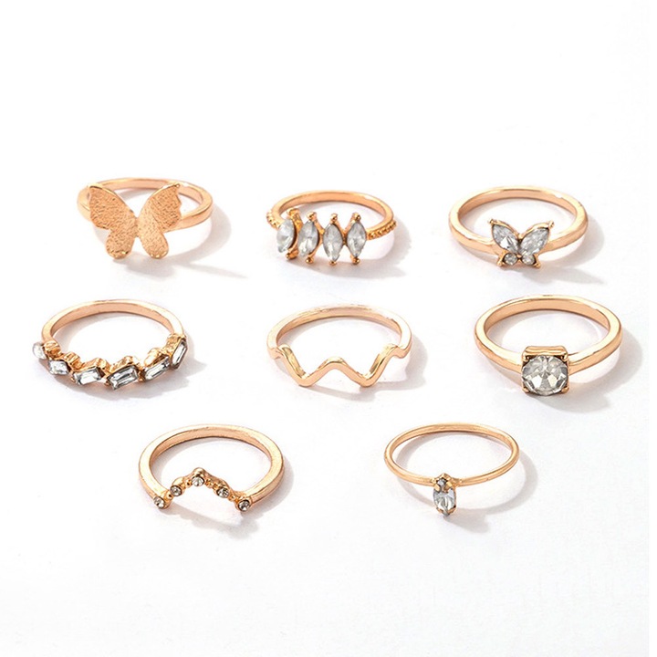 Set 8 inele minimal elegante, fluturi, zig-zag, veriga serpuita si cristale Auriu