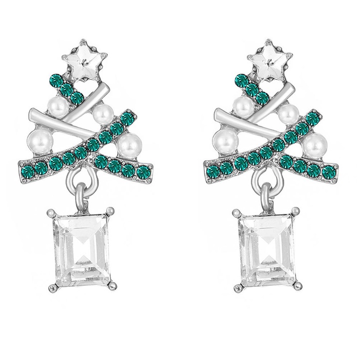 Cercei de Craciun, braduti cu cristale de diverse forme si perlute Argintiu