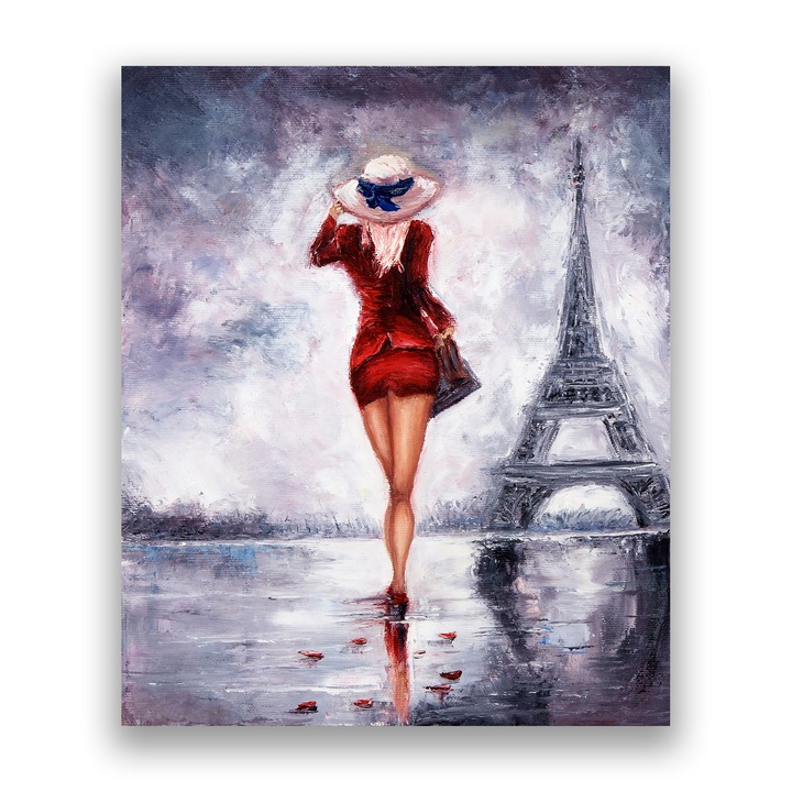 Prémium vászonfestmény, LuxCanva® A1267, Lady In Paris, 60 X 70 CM, 100% pamut vászon 400g/m2, Fa alváz, Nappali, Nő, Eiffel-torony, Piros ruha, Hálószoba, Élénk színek