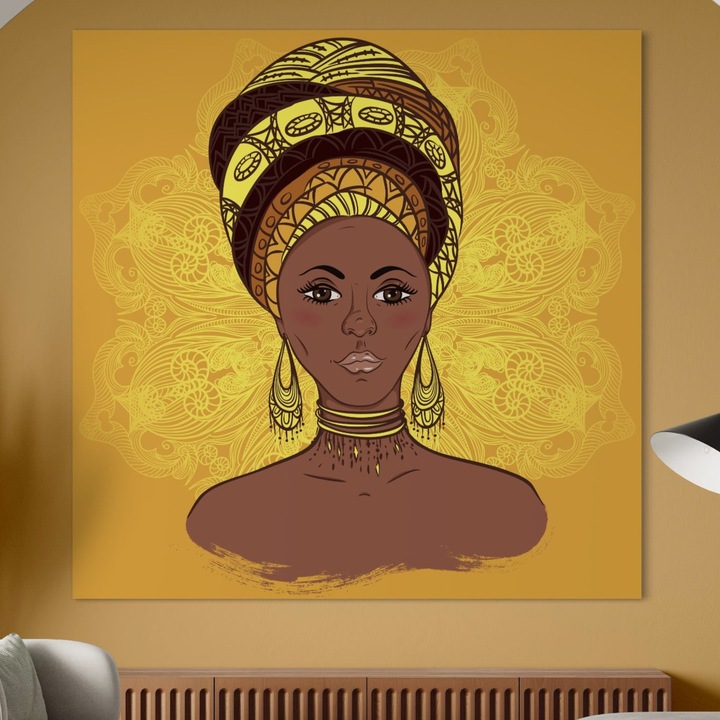 Премиум Канава Картина, LuxCanva® A1269, Африканско Момиче, 100 X 100 СМ, 100% Памучно Платно 400гр/м2, Дървена Рамка, Всекидневна, Жена, Златист, Африкански Тюрбан, Дрешник, Ярки Цветове