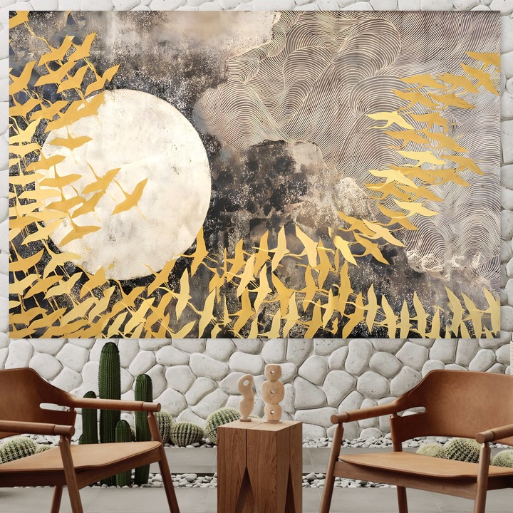 Първокласна картина на платно, LuxCanva® B1087, Голямото преселение, 95 X 140 CM, 100% памучно платно 400g/m2, Дървена рамка, Всекидневна, Птици, Злато, Небесно тяло, Пътуване, Спалня, Злато