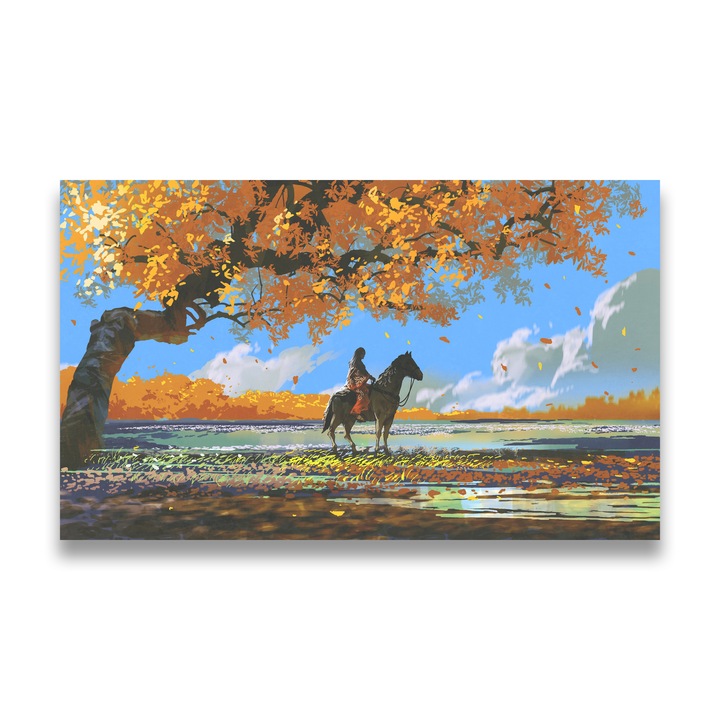 Първокласна картина на платно, LuxCanva® A1270, Момиче с кон, 75 X 130 CM, 100% памучно платно 400g/m2, Дървена рамка, Всекидневна, Кон, Дърво, Листа, Момиче, Спалня, Живи цветове