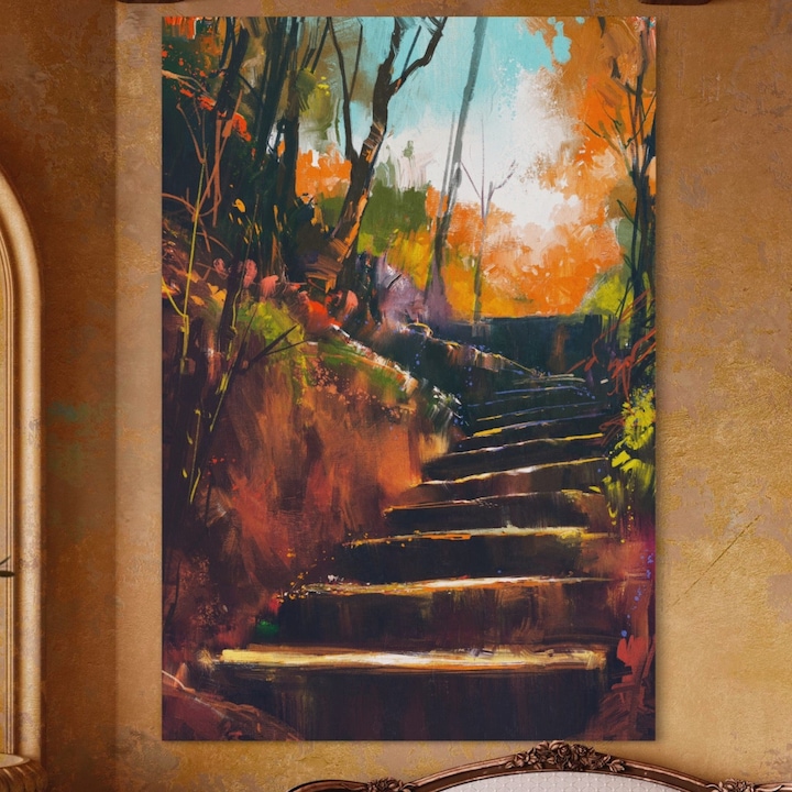 Премиум картина върху платно, LuxCanva® A1271, Кафяви стълби, 100 X 150 СМ, 100% памучно платно 400 г/м2, дървена рамка, хол, стълби, есен, дървета, листа, спалня, ярки цветове