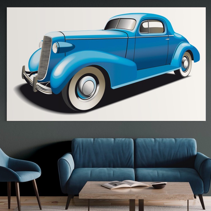 Tablou Canvas Premium, LuxCanva® A1273, Blue Old Car, 60 X 110 CM, Panza Bumbac 100% 400g/m2, Sasiu Lemn, Camera Copil, Masina De Epoca, Albastru, Dormitor, Culori Vibrante