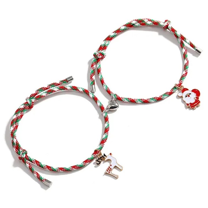 Set 2 bratari BFF de Craciun, pentru prieteni sau cupluri, cu magnet, ren si Mos Craciun Multicolor