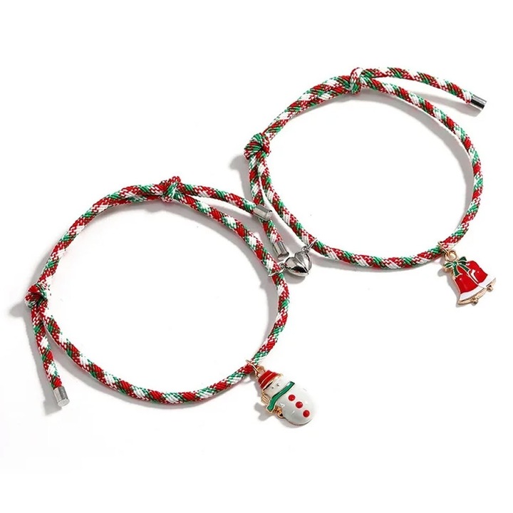 Set 2 bratari BFF de Craciun, pentru prieteni sau cupluri, cu magnet, clopotei si om de zapada Multicolor