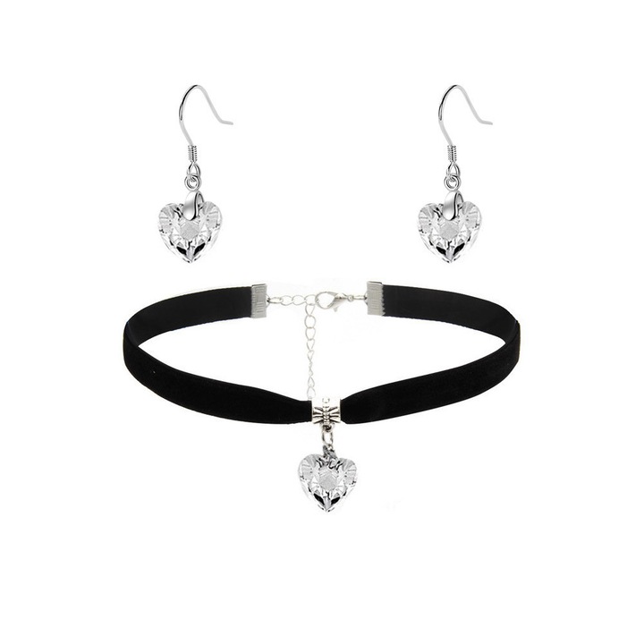 Set colier choker si cercei, cu medalioane inimioare de cristal fatetat Alb