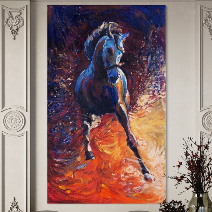 Tablou Canvas Premium, LuxCanva® A1274, Horse, 70 X 120 CM, Panza Bumbac 100% 400g/m2, Sasiu Lemn, Living, Cal, Curse, Animal, Dormitor, Culori Vibrante