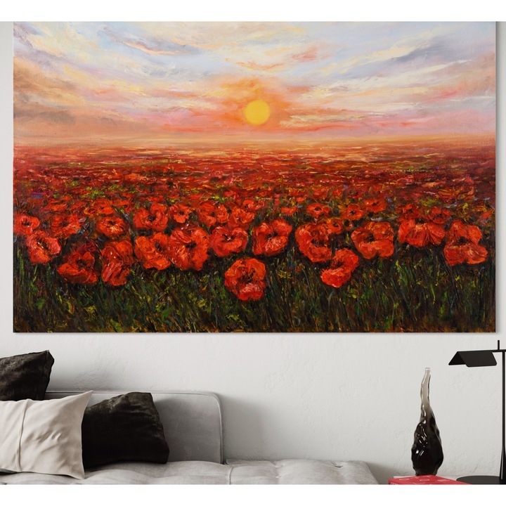 Премиум картина върху платно, LuxCanva® A1275, Маково поле, 100 X 140 СМ, 100% памучно платно 400 г/м2, дървена рамка, хол, цветя, слънце, небе, поле, спалня, ярки цветове