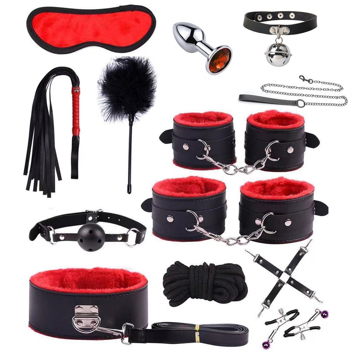 Комплект от 13 играчки, NUODWELL, Изработени от екологична кожа и метална сплав, подходящи за BDSM фетиш робство и доминиране, червени