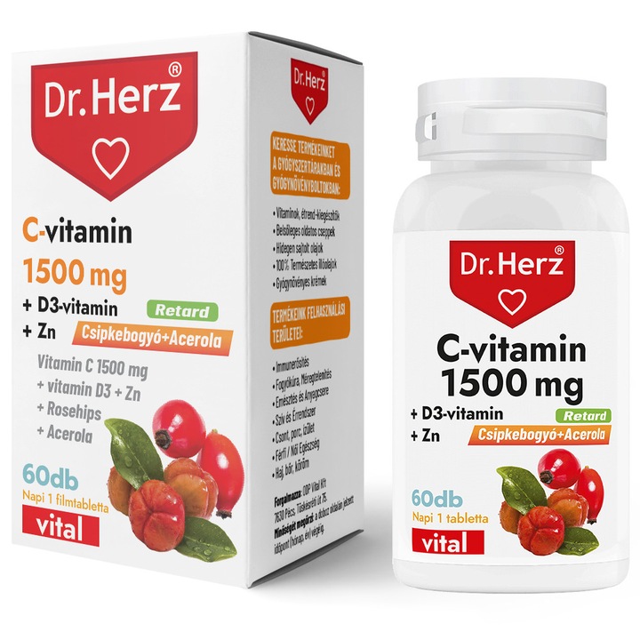 Capsule Vitamina C 1500 mg + D3 + Zinc cu macese si acerola Dr Herz 60 buc