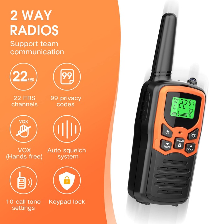 2db walkie talkie készlet, WALALLA, LED, narancs