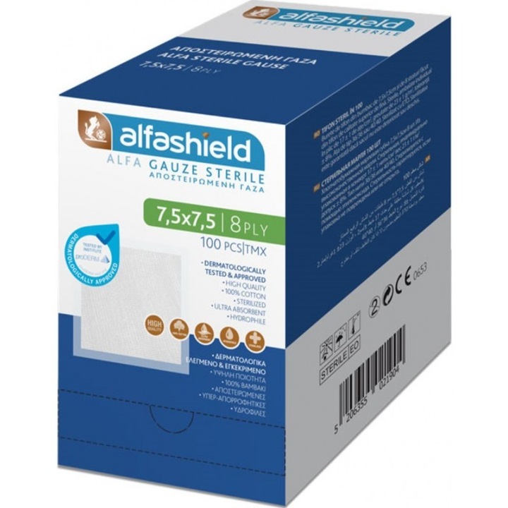 Set 100 comprese sterile, Alfashield, Bumbac, 7.5 x 7.5 cm, Alb