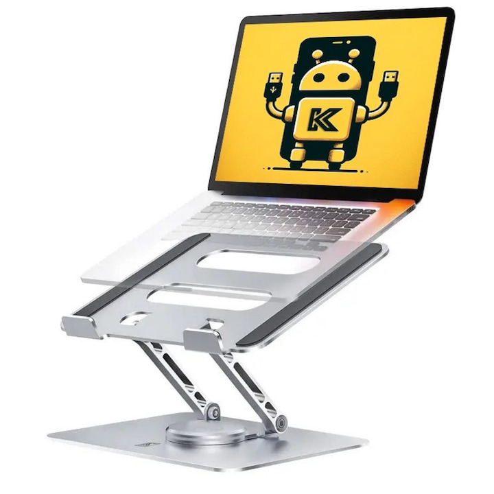 Suport laptop si tableta Kribo® FlexTop, Complet Ajustabil, Ergonomie Avansata, Pliabil si Portabil, Baza Rotativa 360°, Aluminiu, Silicon Anti-alunecare, Compatibil 10-17.3", Argintiu