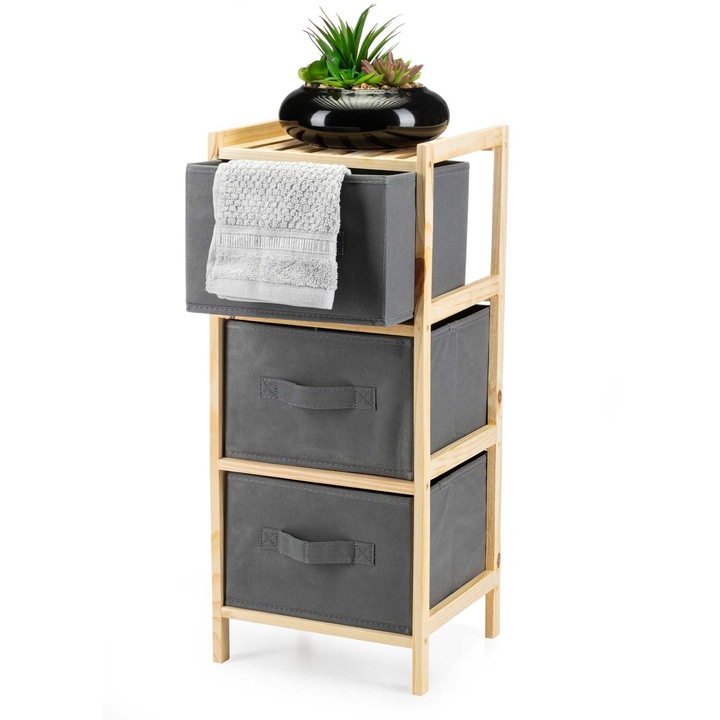 Polc 3 fiókkal, HowHomely, Fa/Textil, 65 cm, Szürke/Barna