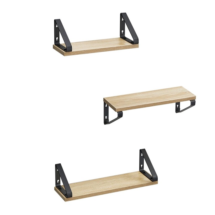 Set 3 rafturi de perete, Songmics, Otel/ MDF, 12 x 40 x 11 cm, Maro/ Negru
