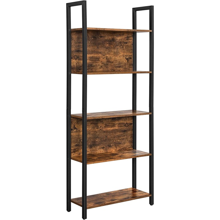 VASAGLE Biblioteca cu 5 rafturi de depozitare, cadru otel, stil industrial, 62x24x165cm, maro rustic si negru