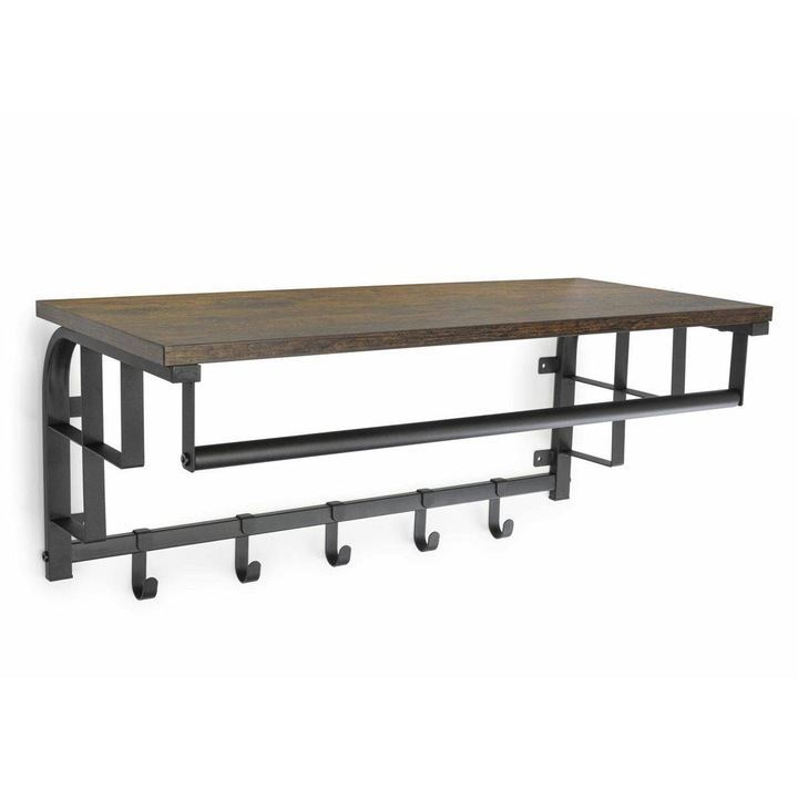 VASAGLE Cuier de perete cu raft de depozitare, 5 carlige detasabile, 30x66x27cm, maro rustic si negru+