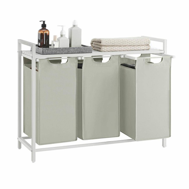 VASAGLE Cos de rufe, 3 compartimente, saci de rufe detasabili, raft, cadru metalic, 3x38L, 93x33x72 cm, alb