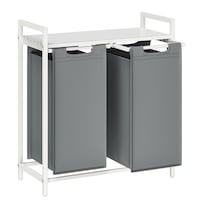 VASAGLE Cos de rufe, 2 compartimente, saci de rufe detasabili, raft, cadru metalic, 2x46L, 73x33x72 cm, alb si gri deschis