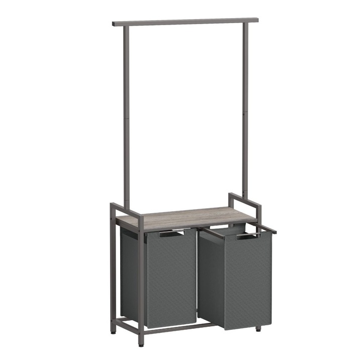 Кошница за сортиране на дрехи със закачалка, Songmics, Стомана/Текстил, Рустик, Сив 2x46L