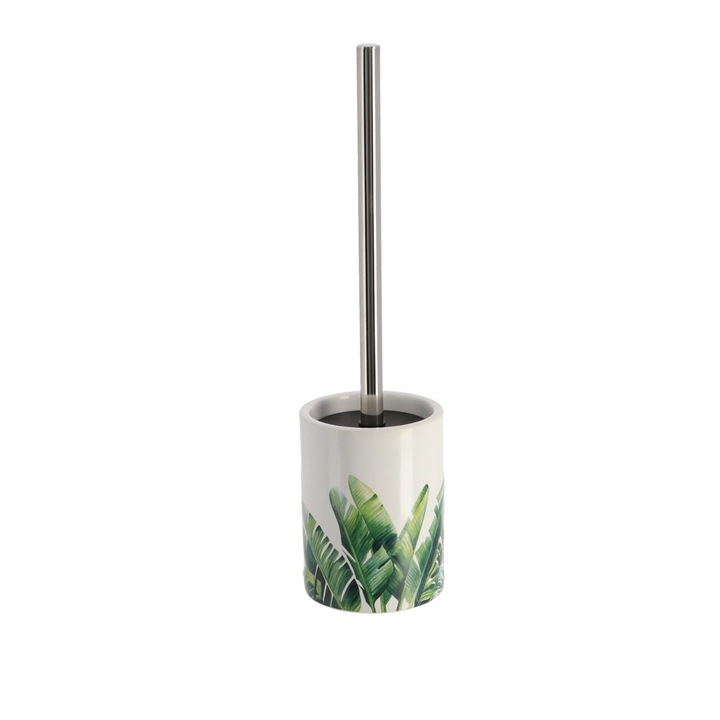 Perie de toaleta Oasis, Tendance, Ceramica, Maner inox, Alb/Verde