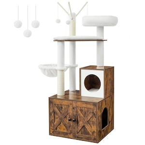 Ansamblu Pentru Pisici, SONGMICS, 2 In 1 Cu Litiera Si Casuta, Stabil Din MDF, Stalpi Din Sisal, Platforma Pentru Relaxare, Captuseala Moale, Usor De Curatat, Confort Si Intimitate Pentru Pisica, 57.5 x 50 x 140 Cm, Maro