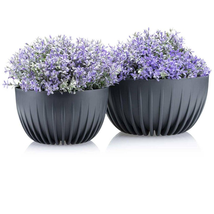 Set 2 Ghivece, Howhomely, Stripped Eco, Plastic Rezistent, Durabilitate, Estetica, Gri