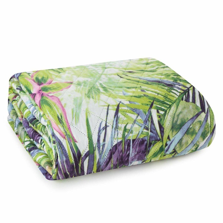 Cuvertura De Pat, Eurofirany, Rommy, Microfibra Moale, Model Geometric Matlasat, Umplutura Elastica, 200 x 220 cm, Alb|Verde