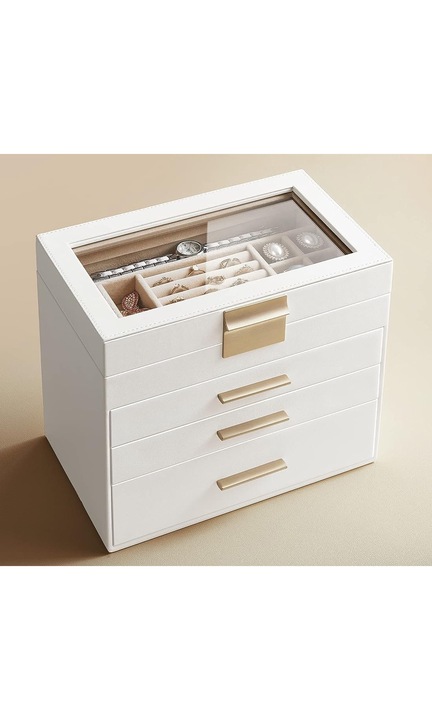 SONGMICS Кутия за бижута с 4 нива, 3 чекмеджета, стъклен капак, 22x25x15 см, бяло и златно
