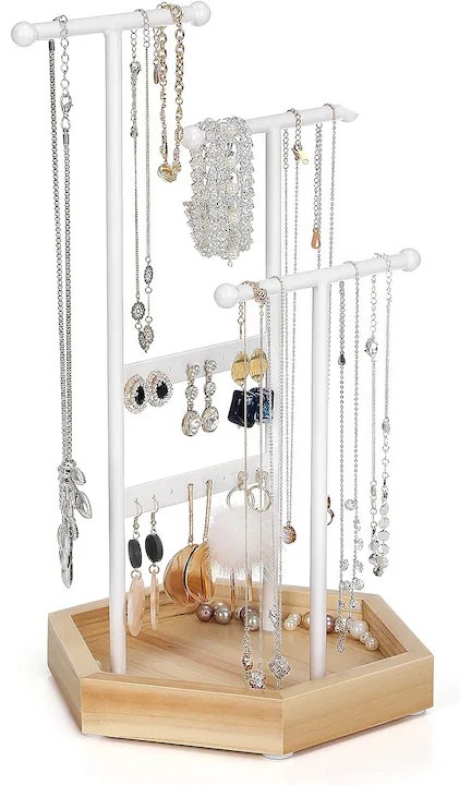 SONGMICS Stand organizator de bijuterii, cu cadru metalic, suport cercei, bratara, colier, inele, 18x21x36cm, alb