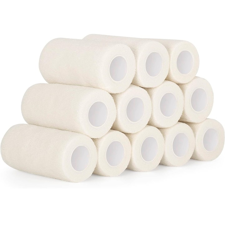 Комплект от 12 ролки самозалепващ еластичен бинт Kindmax, 10 см х 4.5 м, бял