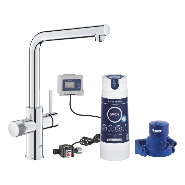 Смесител за кухня Grohe Blue Pure Vento 30560000, 3/8'', Филтриране на вода, Висок чучур, Тип L, Въртящ се, Филтър в комплекта 600 л, Брояч, Хром