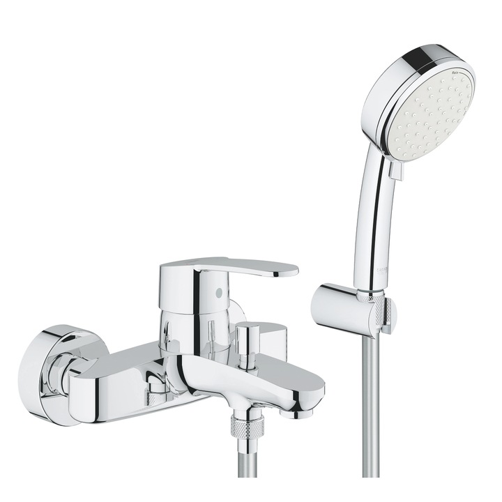 Смесител Grohe Eurostyle Cosmopolitan, Стенен, За вана/душ, С ръчен душ с шлаух и държач, Хром