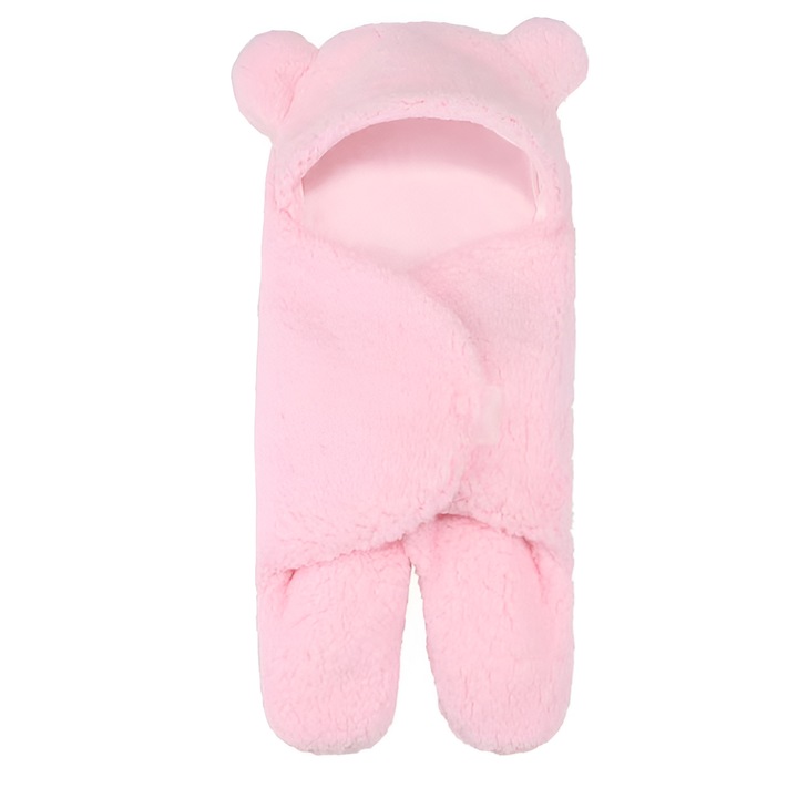 Bolyhos takaró MKT™, 0-6 hónap, meleg, medve formájú, cserélhető babákhoz, rózsaszín