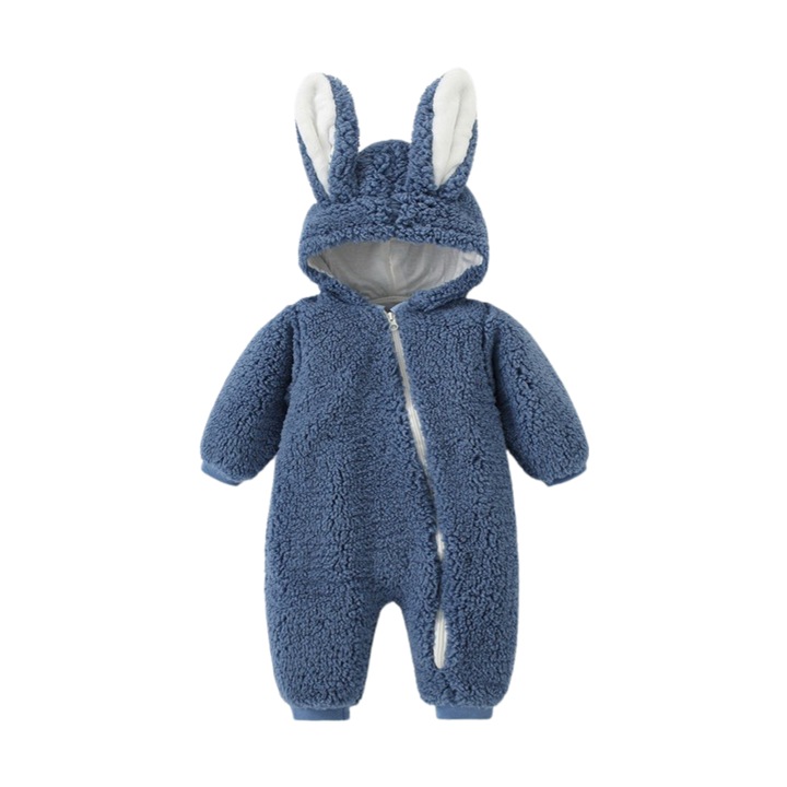 ALC™ bolyhos kezeslábas, meleg, nyuszi alakú, mintás, babapólya, kék