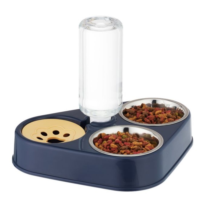 Bol dublu pentru animale cu dozator de apa, boluri detasabile, inox/plastic, 25 x 28, 5 x 20 cm