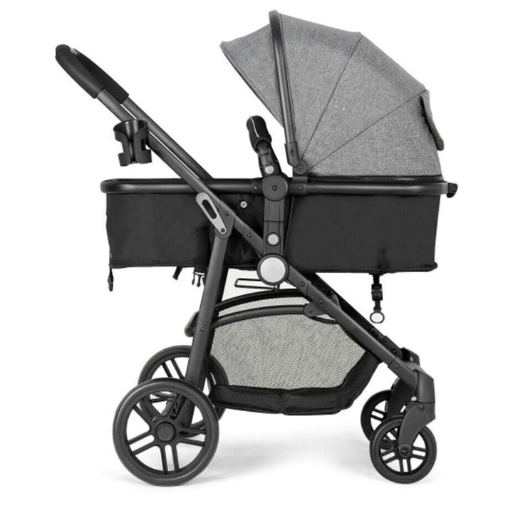 Бебешка количка, 3 в 1, алуминиева рамка, четири колела, сгъваема, сива