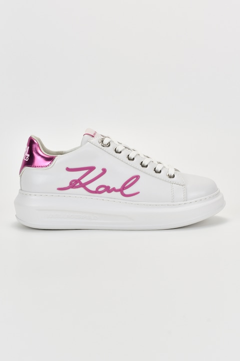 Karl Lagerfeld, Скосени кожени спортни обувки с лого, Бял/Розово