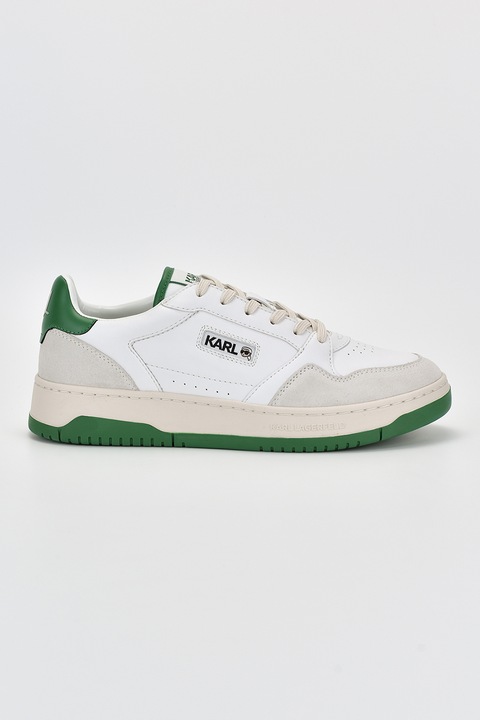 Karl Lagerfeld, Pantofi sport cu segmente de piele si piele intoarsa, Alb/Verde inchis, 45