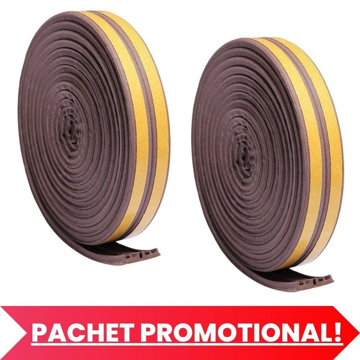 Set 2 buc, Banda autoadeziva pentru etansarea usilor si ferestrelor, Profil E, 9mm x 4mm, Rezistenta UV, Cauciuc EPDM, 6 m, Maro