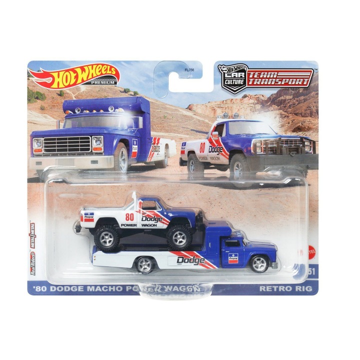 Set Masinute Hot Wheels Premium, '80 Dodge Macho Power Wagon & Retro Rig, Team Transport, 1:64