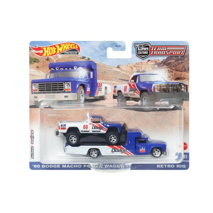 Количка Hot Wheels Premium Car Set, '80 Dodge Macho Power Wagon & Retro Rig, Team Transport, 1:64