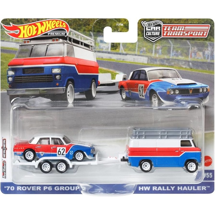 Hot Wheels prémium autókészlet, '70-es Rover P6 Group 2 & HW Rally Hauler, csapatszállítás, 1:64