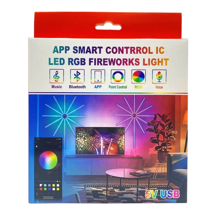 Banda LED RGB smart app Fireworks, control cu telecomanda sau bluetooth