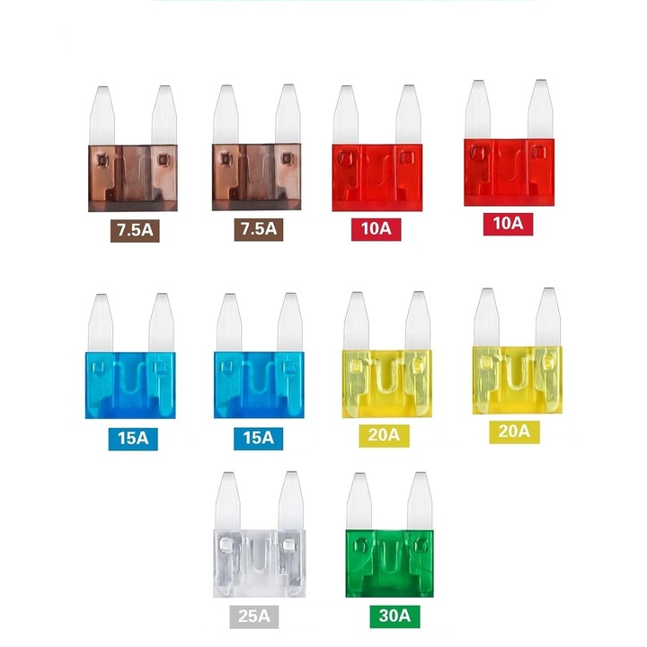 Комплект от 10 автомобилни предпазителя, гнездо в блистер, 7,5-30А