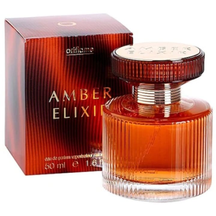 Set complet pentru Ea, parfum de femei Amber Elixir 50 ml, insotit de insigna Dactylion cu mesaj motivational, si un trandafir rosu cadou suflat la baza cu aur